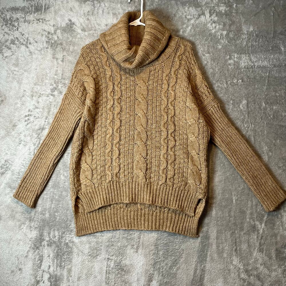 Cozy Chunky Knit Turtleneck Sweater Cable Knit, Slouchy‎ Fit Brown Alpaca Wool S